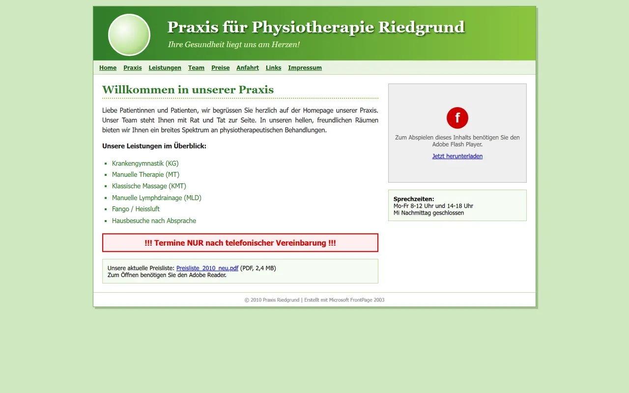 Vorher: veraltete Demo-Website der erfundenen Physiotherapie Riedgrund, Stil um 2010